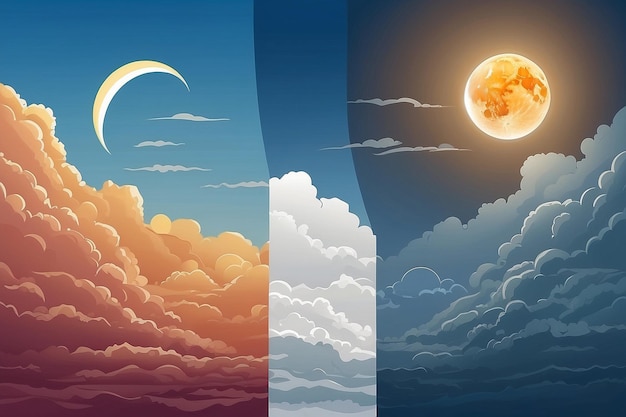 Photo day and night volumetric sun half moon and cloud on blue sky background vector illustration