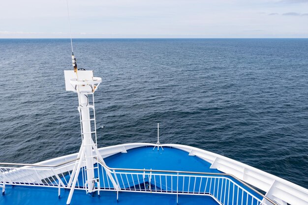 Photo deck of a big ship in a cruise to iceland in atlantic ocean with blue sea