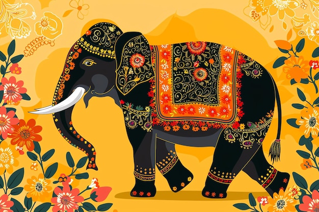 Decorated elephant with painted designs and floral garlands indian illustration background