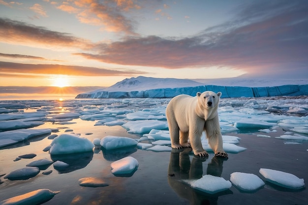 Photo default polar bear and icy bay at sunrise