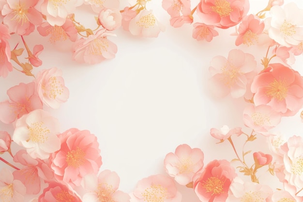 Photo delicate pink blossoms framing a white background