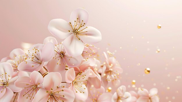 Photo delicate pink flowers with golden details and soft blurred background