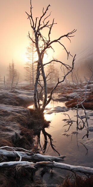 Photo delicately rendered landscapes dead trees on ice by sofie lhiman