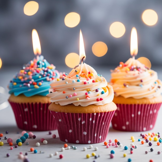 Delicious birthday cupcakes on table on light backg