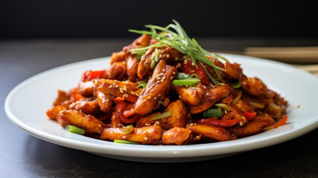 Foto delicious korean dak galbi spicy stirfried chicken op een witte achtergrond gegenereerd door ai