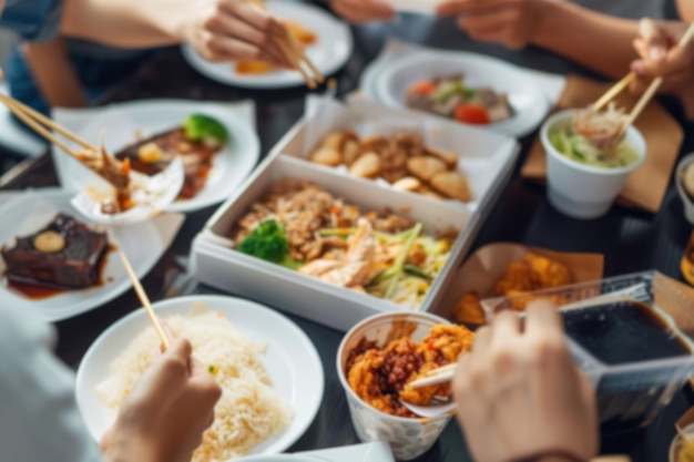 Photo delicious lunch break group of millennial friends sitting at the apartment and eating takeaway taiwa