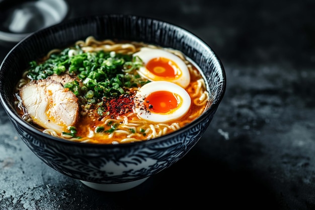 Foto deliziosa zuppa di ramen giapponese servita in una ciotola perfetta per l'ispirazione culinaria e la fotografia alimentare