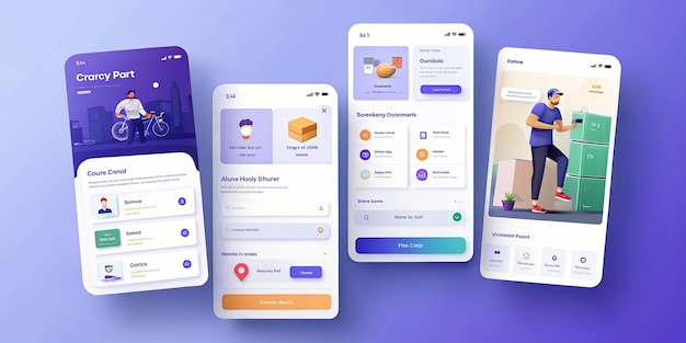 Photo delivery mobile app interface screens template set online account courier shipping parcel calculate tracking order map payment pack of ui ux gui kit for application web layout