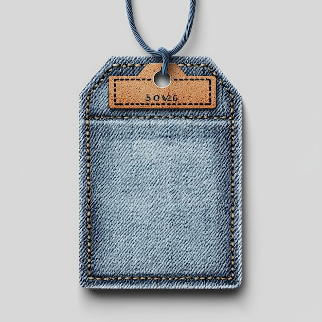 Foto denim tag con etichetta in pelle marrone mockup