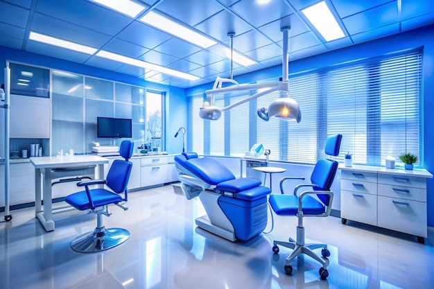 Dental equipment in dentist office in new modern stomatological clinic room Background of dental chair and accessories used by dentists in blue medic light Copy space text place