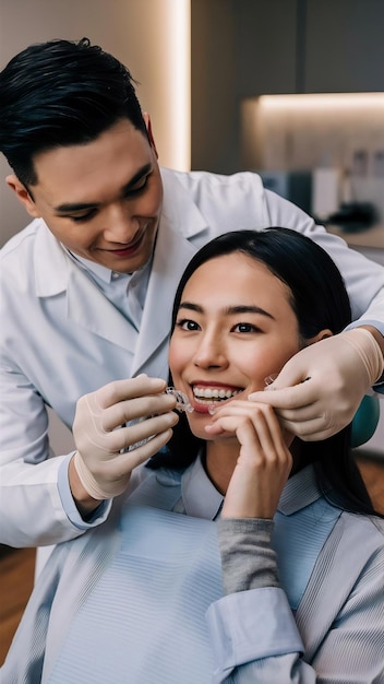 Foto dentista che aiuta un paziente a indossare un apparecchio dentale invisibile