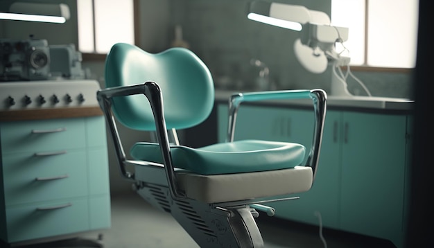 A dentist chair in a room with a lamp on the wall generative Ai