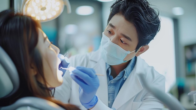 Foto un dentista esamina i denti di una paziente femminile con una maschera blu