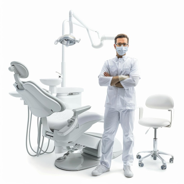 A dentist is standing in front of a dental chair and a sink