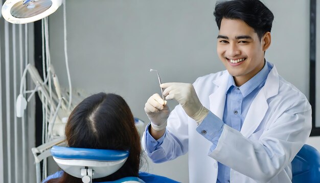 Photo dentist making professional teeth cleaning with wax at his patient