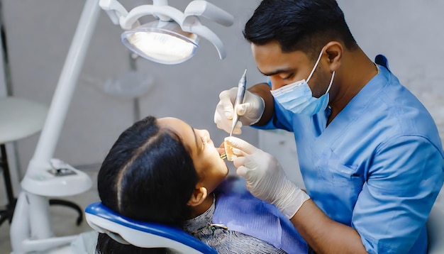 Photo dentist making professional teeth cleaning with wax at his patient