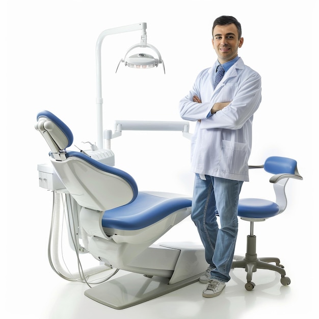 A dentist stands in front of a dental chair with a white coat on