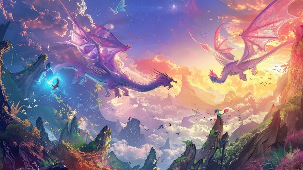 Photo describe a colorful imaginative world with fantastic creatures such as fairies dragons or space creatures ai generated