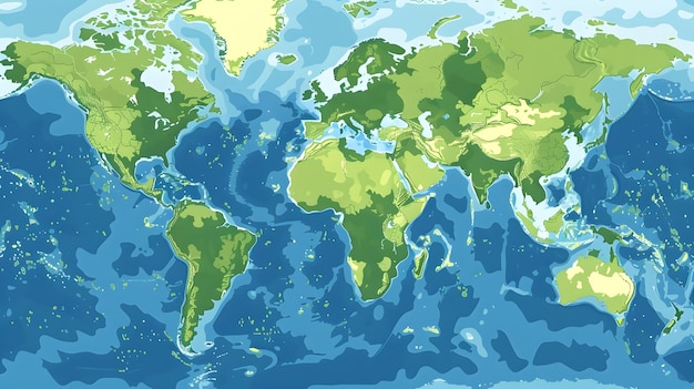 Photo detailed colorful world map depicting continents and oceans