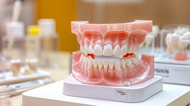 Photo detailed dental model with red gums and white teeth for educational demonstration