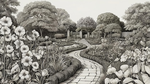 Photo detailed drawing of a flower garden in black and white