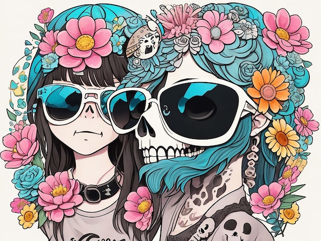 A detailed illustration of a Dead Skull wearing trendy sunglasses tshirt design