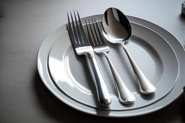 Detailed shot of a set of silverware on a table with food