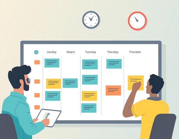 Photo developers team planning weekly schedule task board and collaboration concept