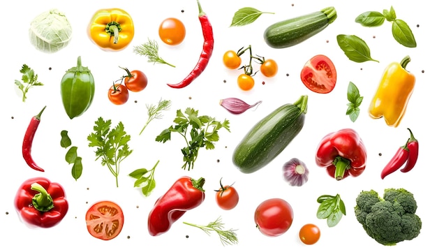 Different fresh vegetables in air on white background