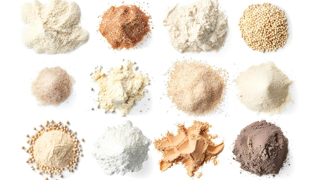 Photo different types of flour on white background top and side views collage design