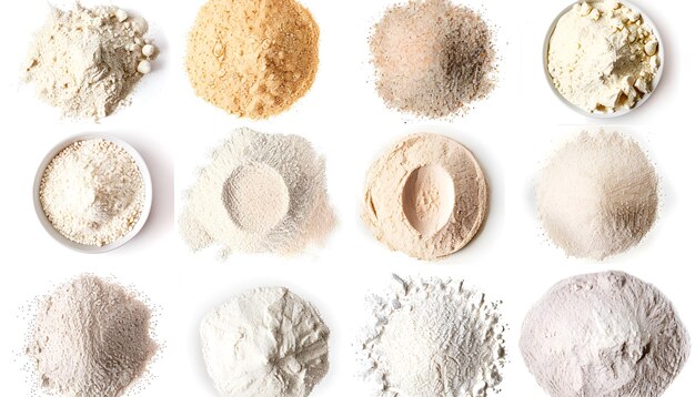 Photo different types of flour on white background top and side views collage design