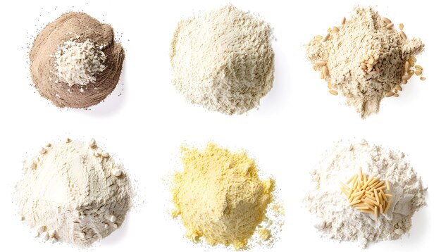 Photo different types of flour on white background top and side views collage design