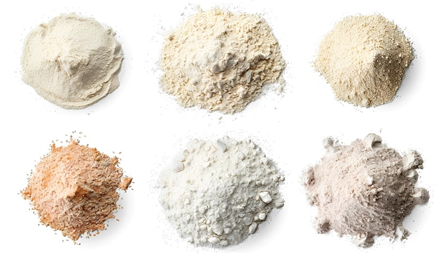 Photo different types of flour on white background top and side views collage design