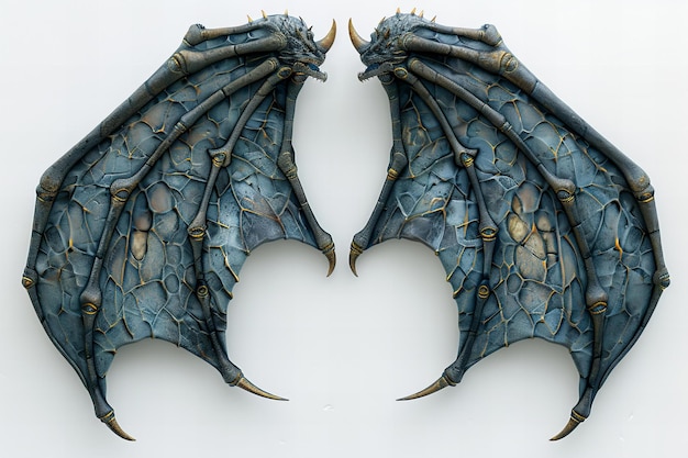 Photo digital artwork of two beautiful realistic dragon wings made of dark grey stone with small golden c