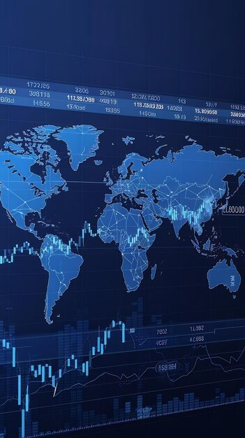 Photo digital data financial investment with world map and stock indexes financial