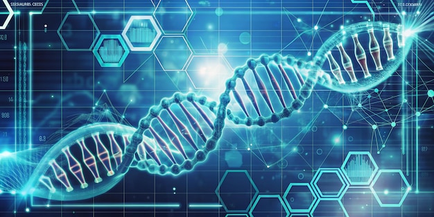 Photo digital illustration dna structure in medical technology background