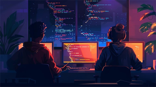 a digital illustration of people working in a computer with the words  code  on the screen