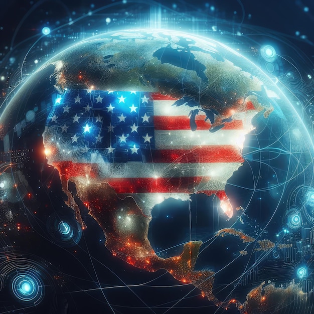 Photo digital map of usa on the global planet with ai technology concept