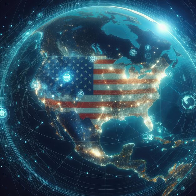 Photo digital map of usa on the global planet with ai technology concept