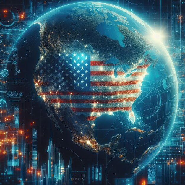 Photo digital map of usa on the global planet with ai technology concept