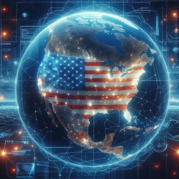 Photo digital map of usa on the global planet with ai technology concept