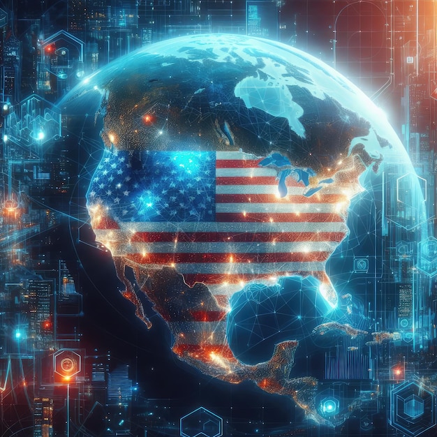 Photo digital map of usa on the global planet with ai technology concept