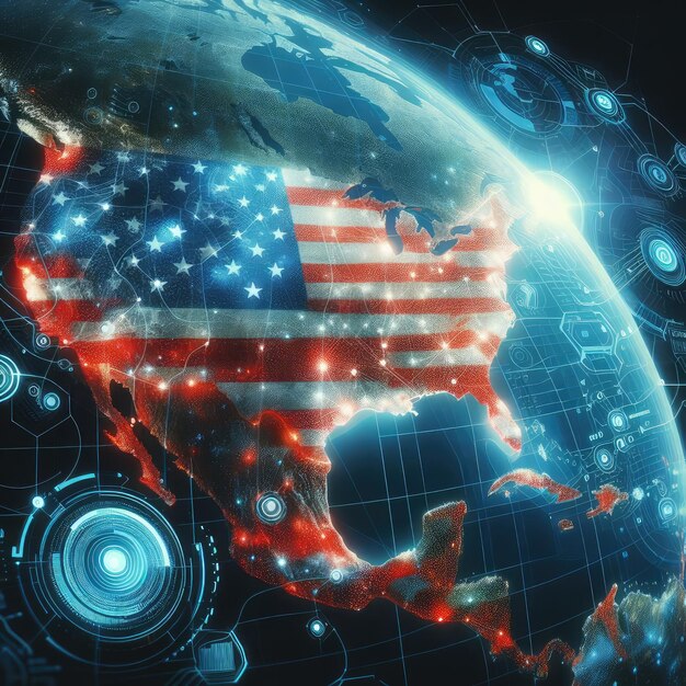 Photo digital map of usa on the global planet with ai technology concept