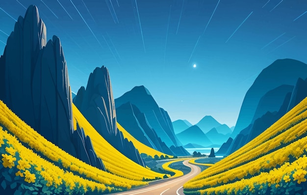 Photo a digital painting of a road with mountains and a road