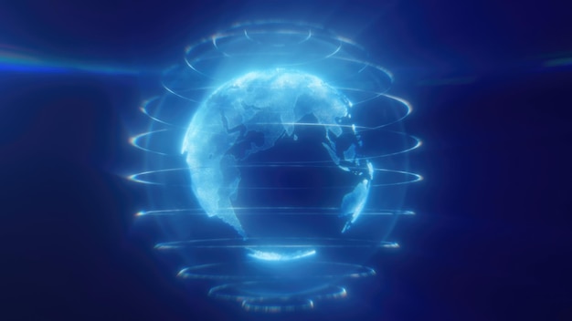 Photo a digital representation of blue earth with glowing lines encircling the planet highlighting global connectivity and technology