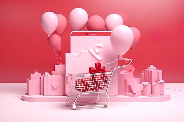 Digital world online Shopping via phone pink phone pink background AI GEnerated