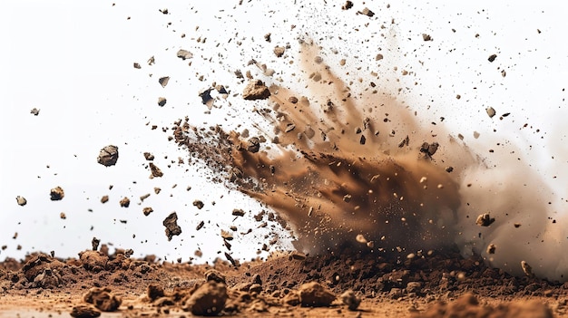 Dirt explosion with debris flying on white backdrop with a big empty space for text or product Generative AI