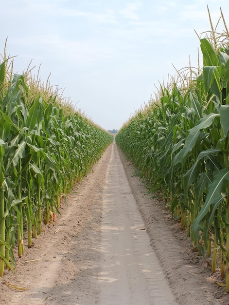 A dirt path winds through a tall cornfield The corn stalks are green and golden creating a na