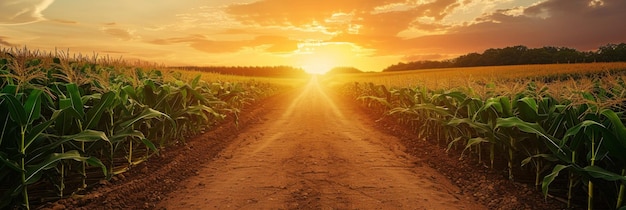 A dirt road cuts through a field of tall corn stalks at sunset symbolizing hope opportunity