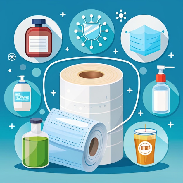 Photo disinfectant toilet tissue paper roll and medical mask vector icon illustration healthcare and medical icon concept white isolated flat cartoon style suitable for web landing page banner